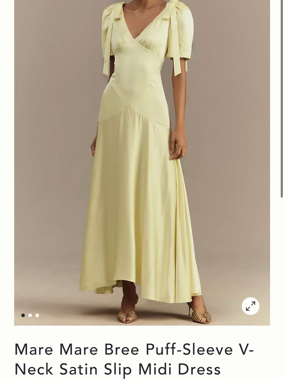 Mare Mare Bree Puff-Sleeve V-Neck Satin Slip Midi Dress in Pale Yellow